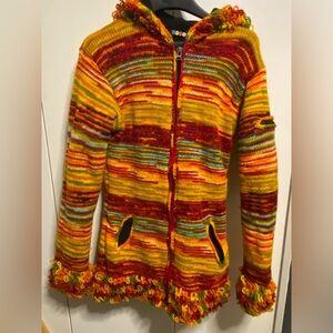 Colorful Knitted Nepal Made Wool/Fleece Lined Coat Size L